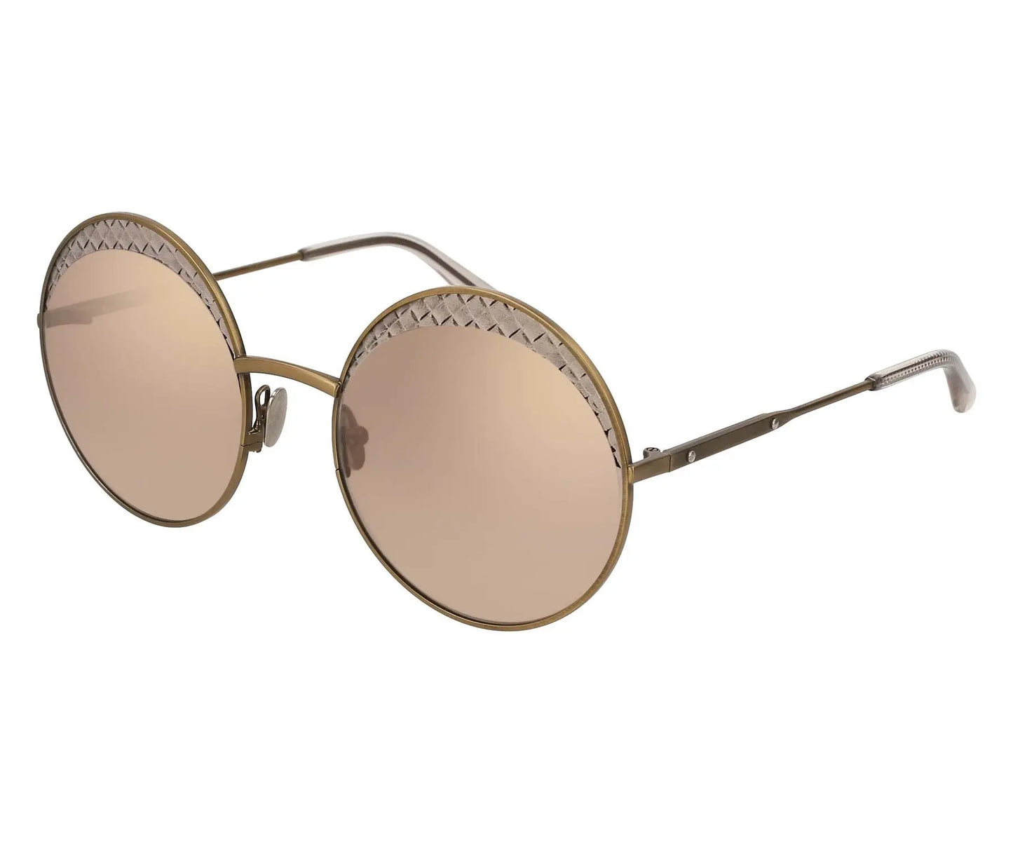 Round sunglasses with gold frame and brown lenses on a white background
