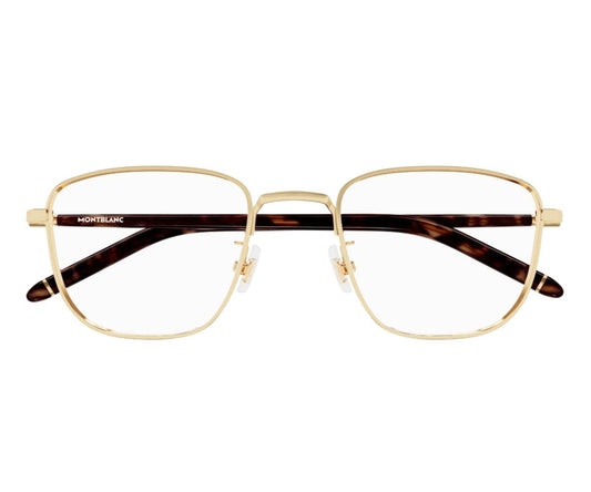 Gold-framed eyeglasses with tortoiseshell arms on a white background