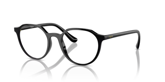 Black-framed eyeglasses on a reflective surface with a clear background