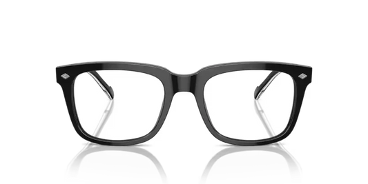 Black eyeglasses on a reflective surface with a clear background