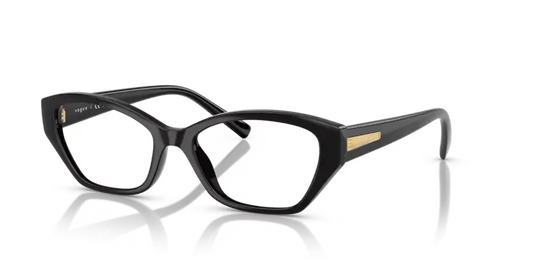 Black eyeglasses with gold accents on a clear background