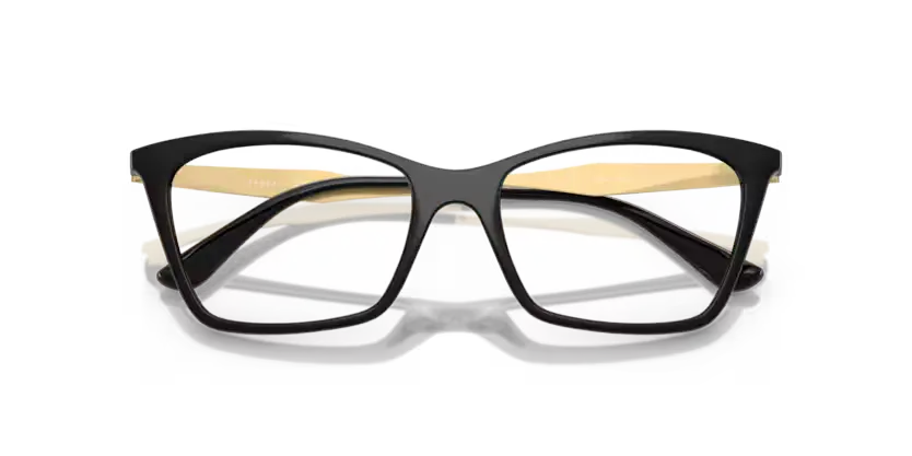 Black-framed eyeglasses with striped design on a white background