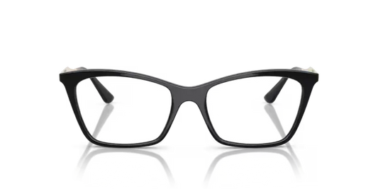 Black-framed glasses on a reflective surface with a black background