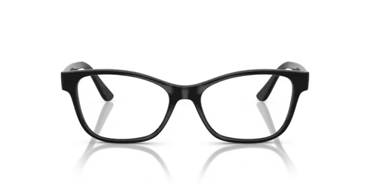 Black eyeglasses on a reflective surface with a clear background
