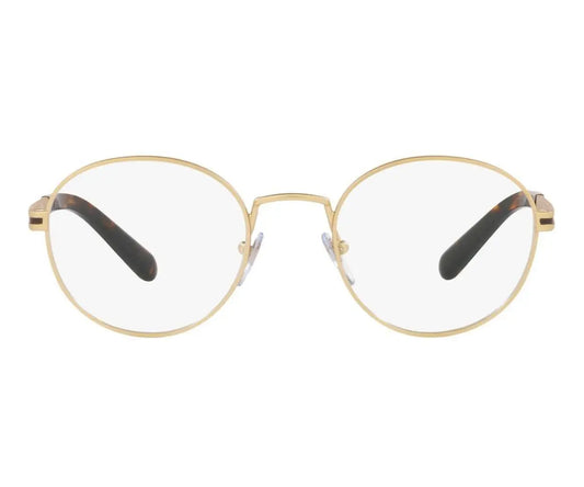 Gold-framed eyeglasses with clear lenses on a white background