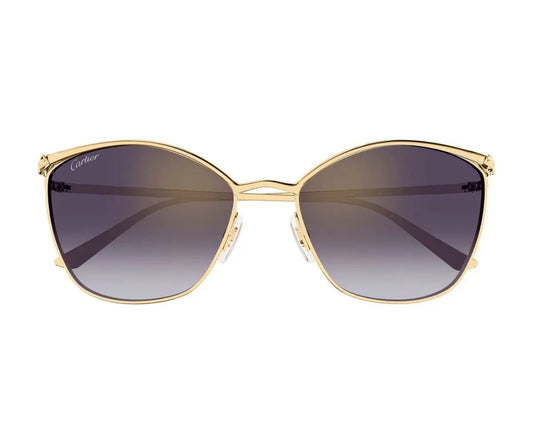 Gold-framed sunglasses with gradient lenses on a white background