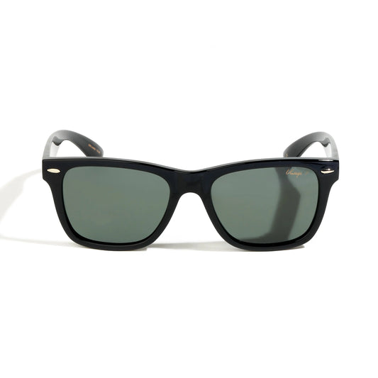 Black sunglasses with gold accents on a white background