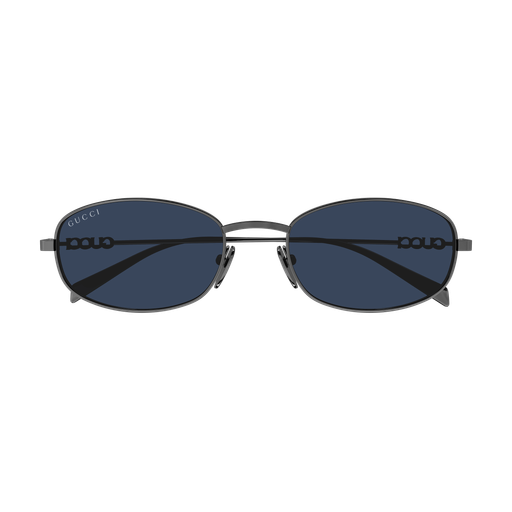 Sunglasses with a black frame and blue lenses on a white background