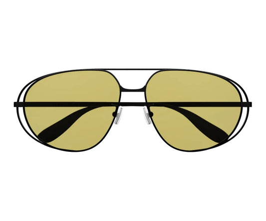 Aviator sunglasses with gold lenses and black frames on a white background