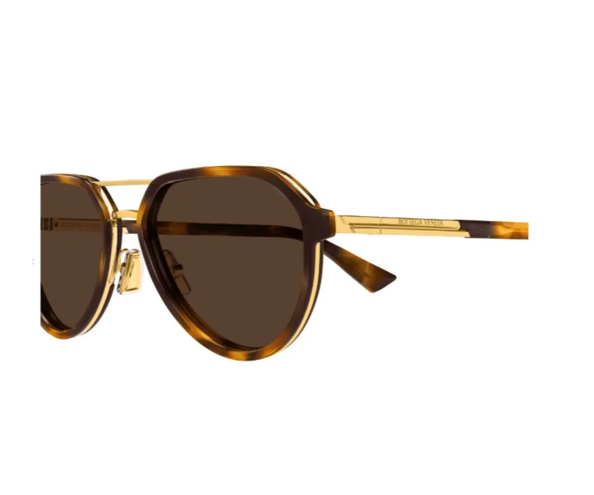 Sunglasses with gold frame and brown lenses on a white background