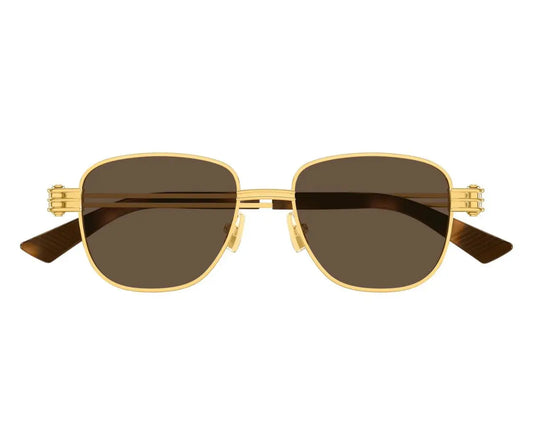 Gold-framed sunglasses with brown lenses on a white background