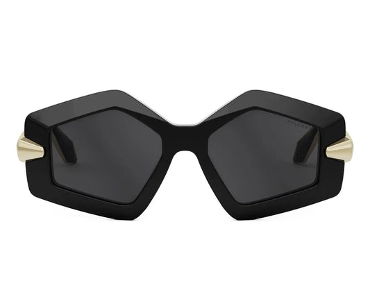 Black hexagonal sunglasses with gold accents on a white background