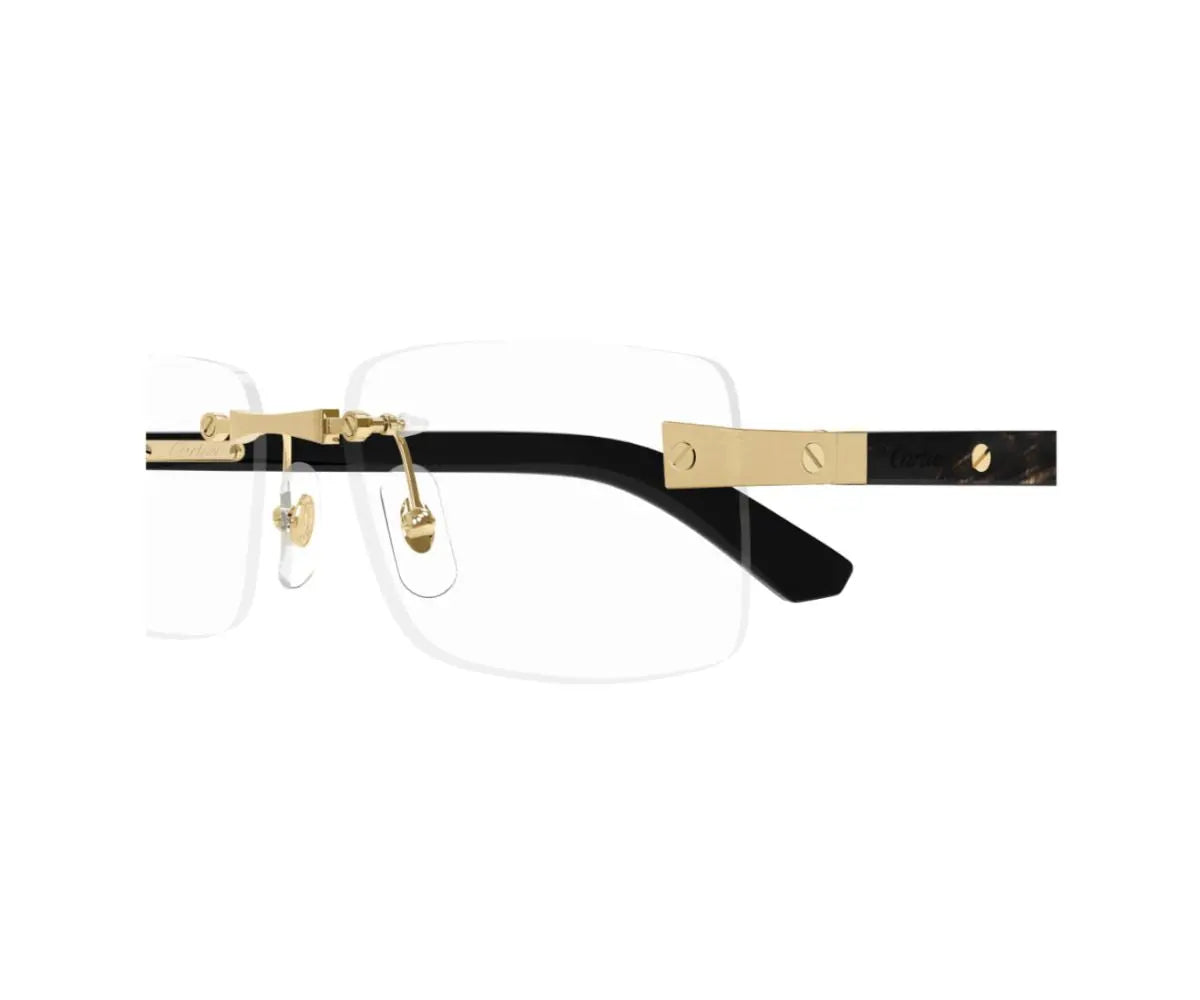 Eyeglasses with gold and black frame on a white background