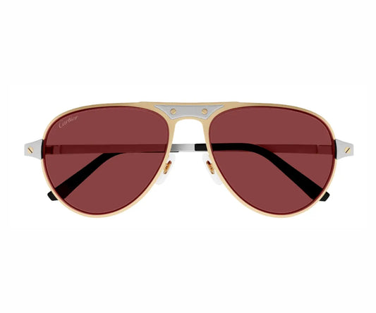Gold-framed sunglasses with red lenses on a white background