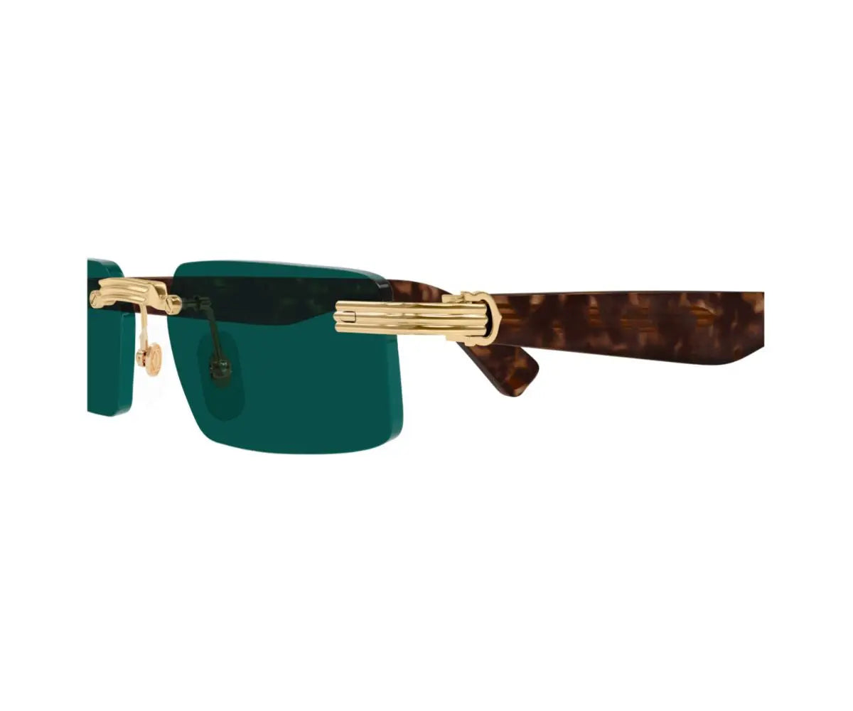 Sunglasses with green lenses and gold and tortoiseshell frame on a white background
