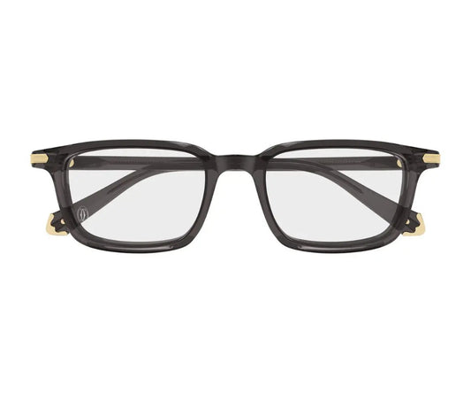 Black eyeglasses with gold accents on a white background