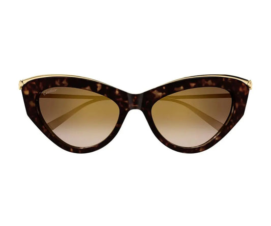 Cat-eye sunglasses with tortoiseshell frame and brown lenses on a white background