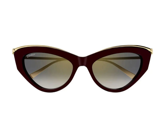 Cat-eye sunglasses with brown frame and gradient lenses on a white background