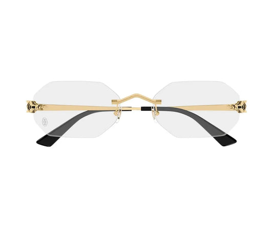 Gold-framed rimless eyeglasses on a white background