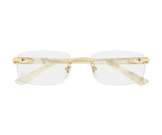 Gold-framed eyeglasses on a white background