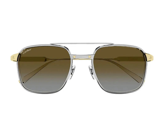 Sunglasses with gold frame and gradient lenses on a white background
