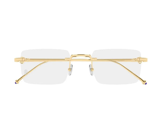 Gold-framed rimless eyeglasses on a white background