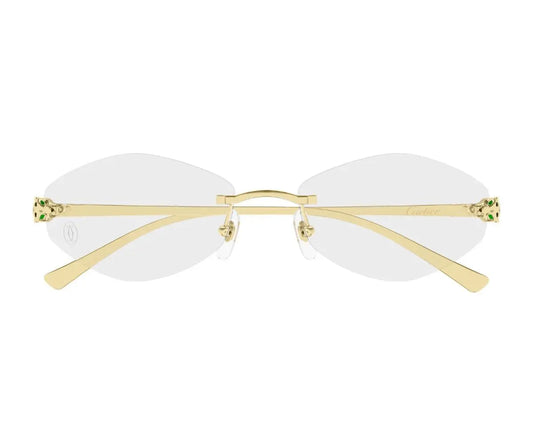 Gold-framed eyeglasses with white lenses on a white background