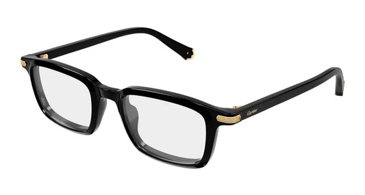 Black eyeglasses with gold accents on a white background