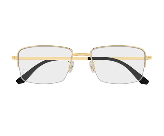 Gold-framed eyeglasses with black temple tips on a white background