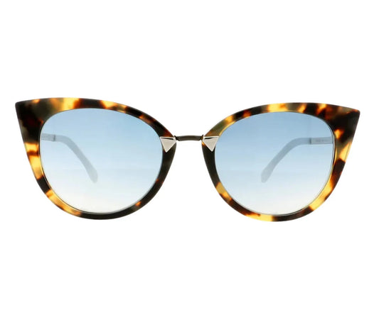 Tortoiseshell cat-eye sunglasses with blue gradient lenses on a white background