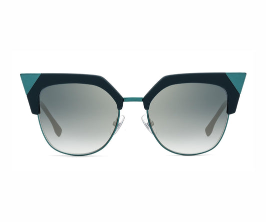 Sunglasses with a blue and black frame on a white background