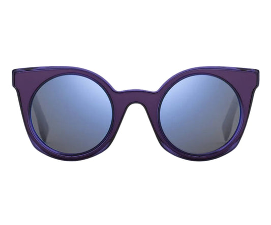 Purple sunglasses with blue-tinted lenses on a white background
