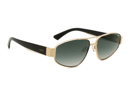 Gold-framed sunglasses with black arms on a white background