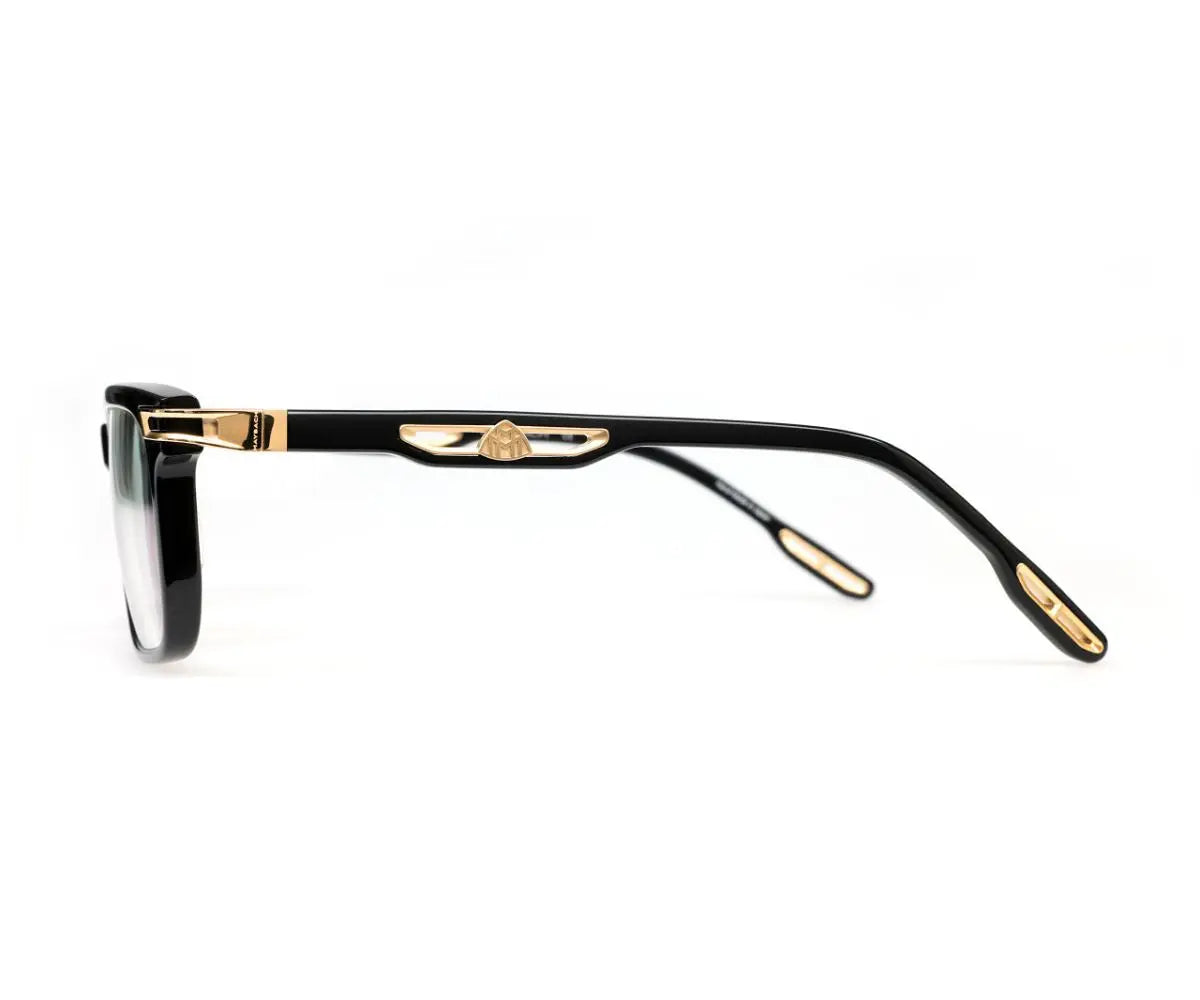 Sunglasses with black frame and gold accents on a white background