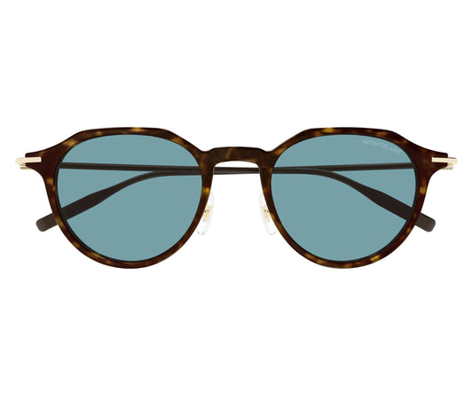 Sunglasses with tortoiseshell frame and blue lenses on a white background