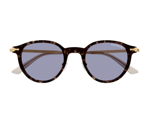 Sunglasses with tortoiseshell frame and blue lenses on a white background