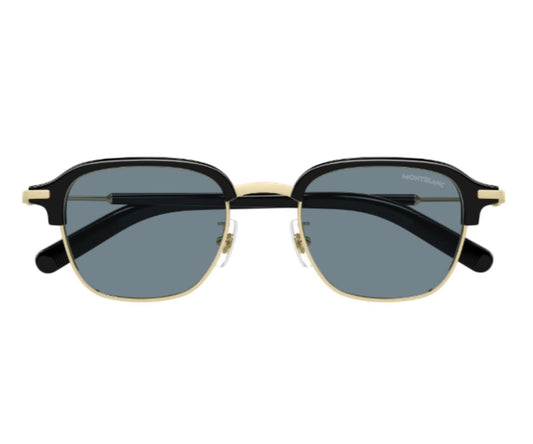 Sunglasses with black frames and gold accents on a white background