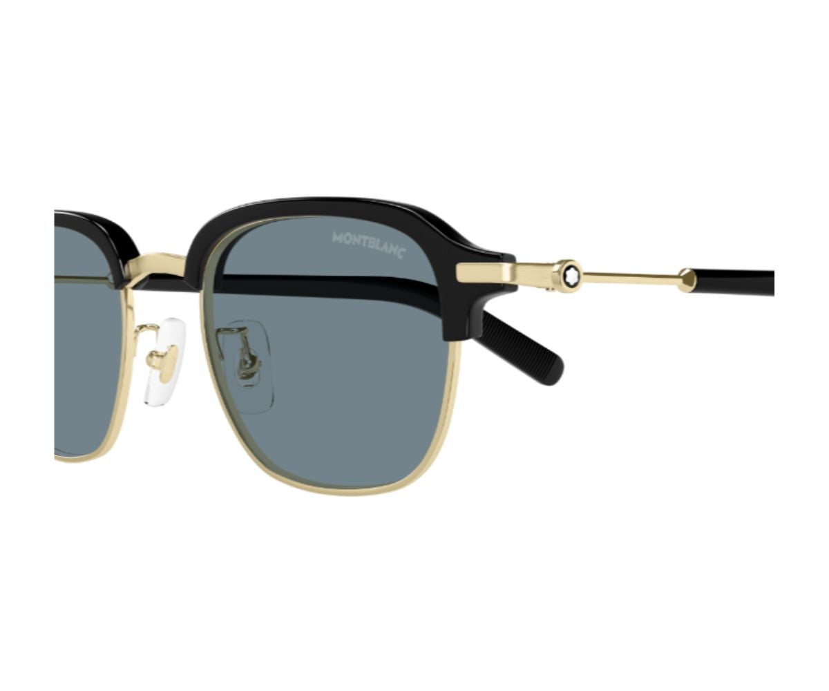 Sunglasses with black and gold frame on a white background
