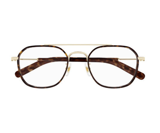 Pair of eyeglasses with a tortoiseshell frame on a white background