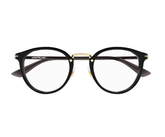 Black round eyeglasses with gold accents on a white background