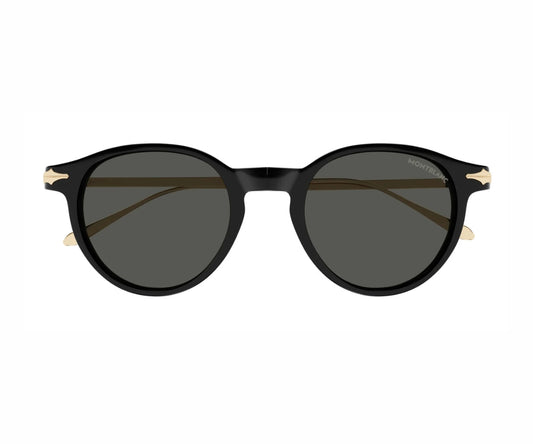 Black round sunglasses with gold accents on a white background