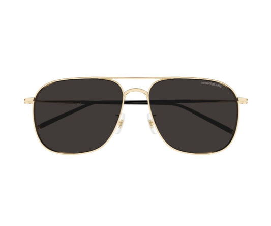 Gold-framed sunglasses with dark lenses on a white background