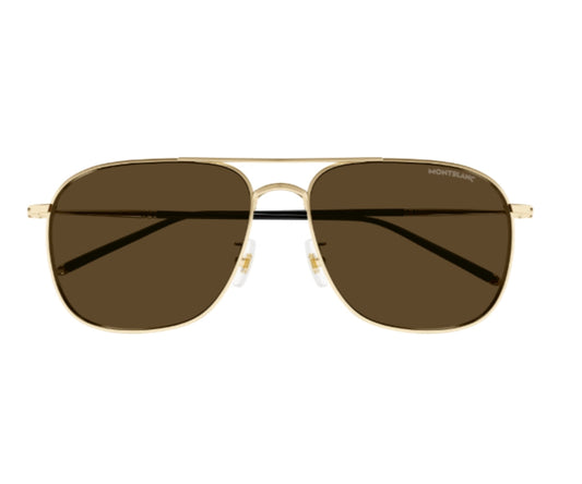 Gold-framed sunglasses with brown lenses on a white background