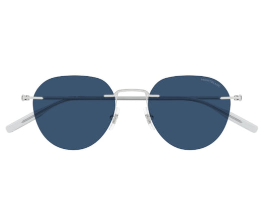 Sunglasses with blue lenses and silver frames on a white background