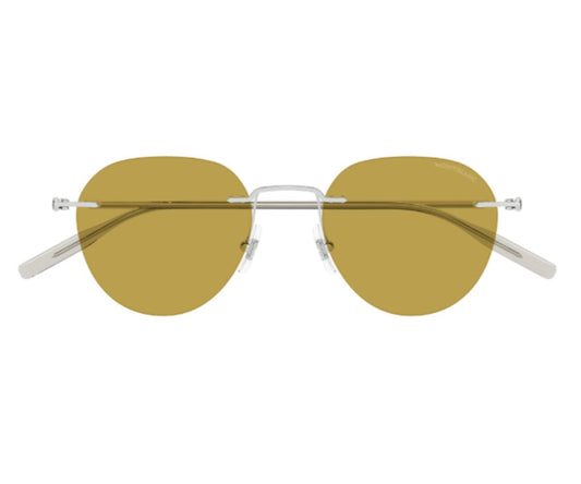 Sunglasses with gold lenses and thin metal frame on a white background