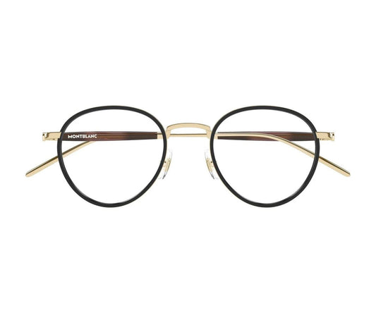 Round eyeglasses with black lenses and gold frame on a white background