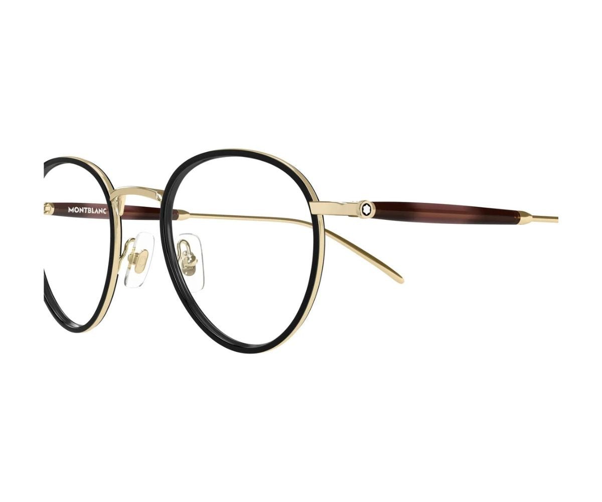 Round eyeglasses with gold and black frame on a white background