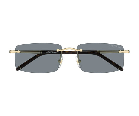 Sunglasses with gold frame and dark lenses on a white background