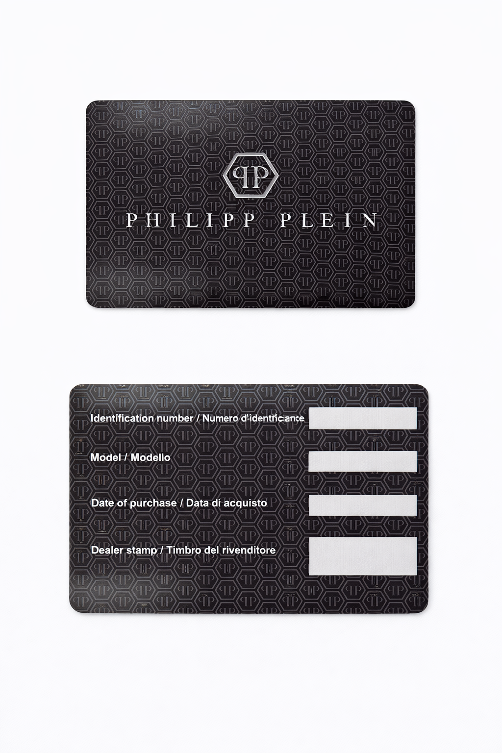Black card with Philipp Plein branding on a white background