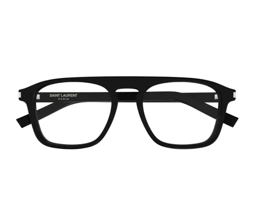 Black eyeglasses with 'Saint Laurent' branding on a white background
